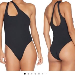Lspace Black Phoebe One Shoulder Rib One Piece Swimsuit